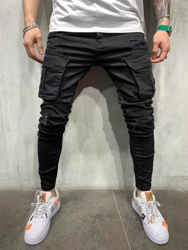 Miniatura 5 de LONGBIDA - Jeans para hombre, de tiro ajustado, con roto y desgastados