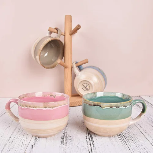 Miniatura 7 de Bosmarlin Juego de 2 tazas de café grandes de cerámica, tazas de café jumbo de gres para la oficina y el hogar, 16 onzas, aptas para lavavajillas