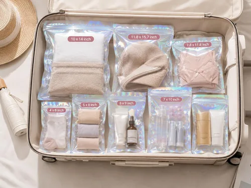 Miniatura 6 de Paquete de 150 bolsas holográficas de Mylar de 5 x 8 pulgadas con ventana transparente, pequeñas bolsas de papel de aluminio resellables