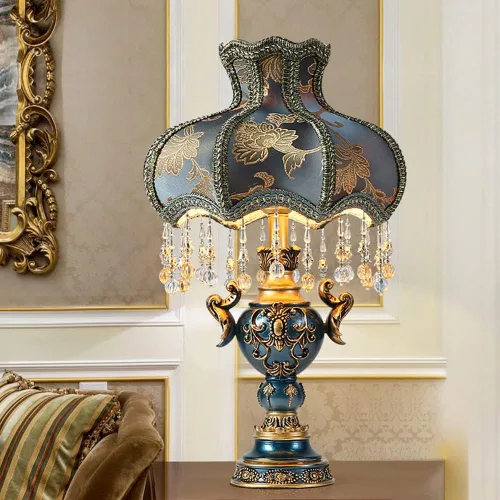 Lámpara de mesa de estilo victoriano, lámpara de mesa decorativa de flores antiguas, luz de noche de tela azul, elegante lámpara de mesita de noche