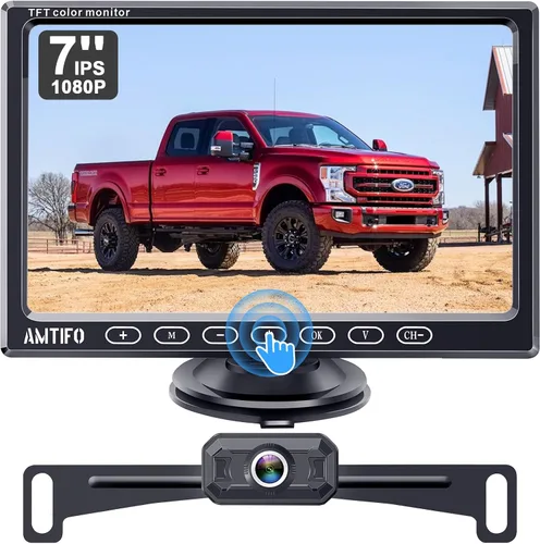 Cámara de respaldo inalámbrica para camión y automóvil: monitor de tecla táctil de 7 pulgadas, Plug and Play, sin demora, sin marcos caídos, brillo