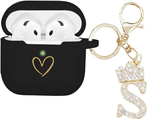 Miniatura 30 de Compatible con AirPods 4 Cover 2024, funda de silicona suave con patrón de corazón dorado para 4ª generación, llavero de letra A-Z con diamantes