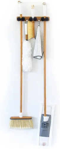 Miniatura 5 de Full Circle Obtén un agarre, organizador de fregona y escoba montado en la pared, bambú ligero con clavijas de espuma, fácil de instalar