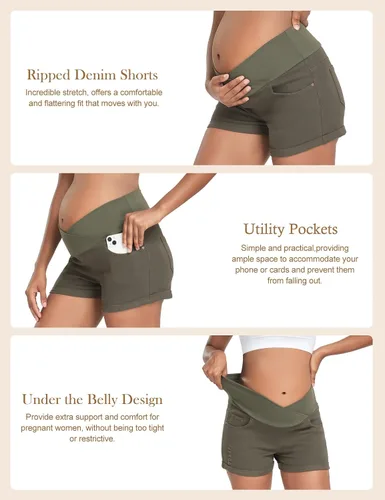 Miniatura 2 de HOFISH Women's Stretchy Maternity Jeans Shorts Over The Belly Denim Shorts Pants Comfy Workout Casual Pregnancy Shorts