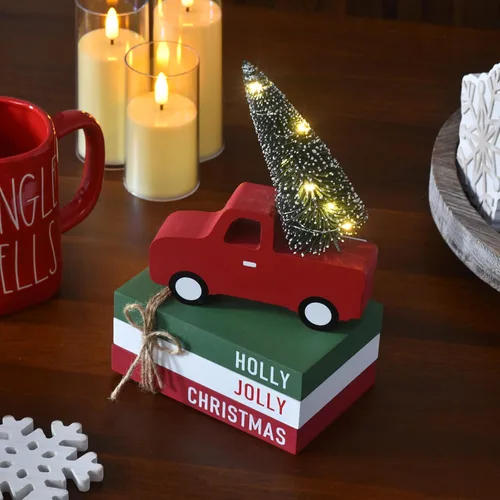 Miniatura 3 de IDATOO Decoraciones navideñas para el hogar, 4 piezas de decoración de bandeja escalonada de Navidad con camión rojo de madera, árbol iluminado por