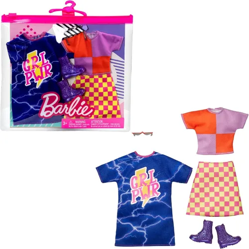 Miniatura 2 de Barbie Fashions - Conjunto de ropa de 2 unidades, 2 trajes de muñeca incluye camisa de colores con falda a cuadros, vestido "GRL PWR" y 2 accesorios