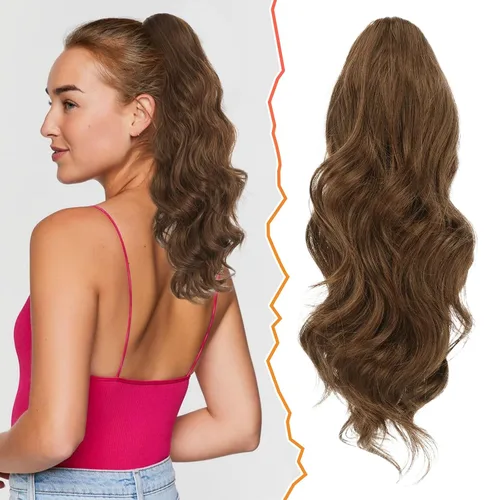 Miniatura 18 de BARSDAR Extensión de cola de caballo rojo burdeos, extensiones de cabello ondulado con cordón de 16 pulgadas para mujer, extensiones de cabello