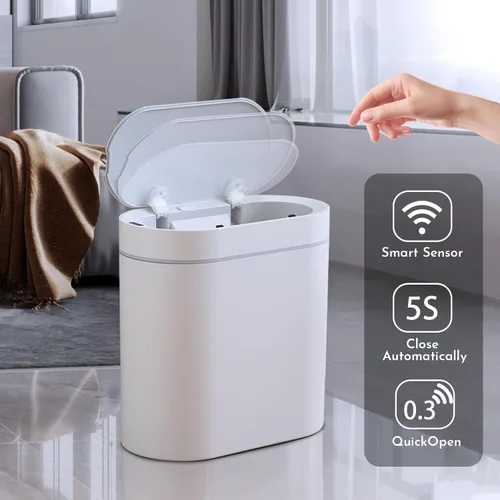 Miniatura 3 de SYNCVIBE Basurero de baño con tapa de 2 galones delgado con sensor de movimiento, cubo de basura de plástico automático estrecho para dormitorio
