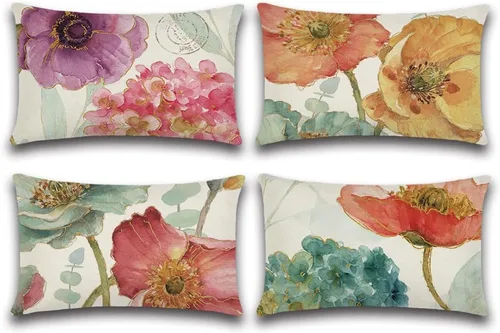 Artscope Juego de 4 fundas de almohada impermeables de 12 x 20 pulgadas, con patrón de hortensias y loto, perfectas para exteriores, patio, jardín,