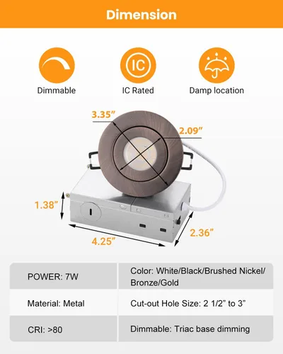 Miniatura 4 de Luz empotrada LED de 3 pulgadas - 7W de cardán sin lata de bronce cepillado al óleo Intertek Lighting, luminaria de globo ocular regulable, foco