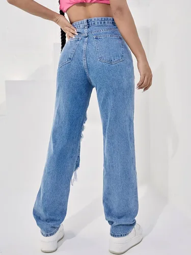 Miniatura 2 de Floerns Pantalones de mezclilla rectos con estampado de cintura alta y pierna ancha para mujer
