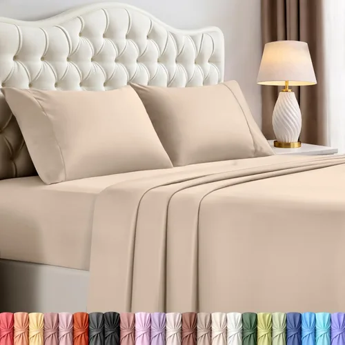 Juego de sábanas King de Utopia Bedding – Juego de 4 sábanas para cama King, microfibra suave y transpirable, incluye 1 sábana bajera, 1 sábana Beige