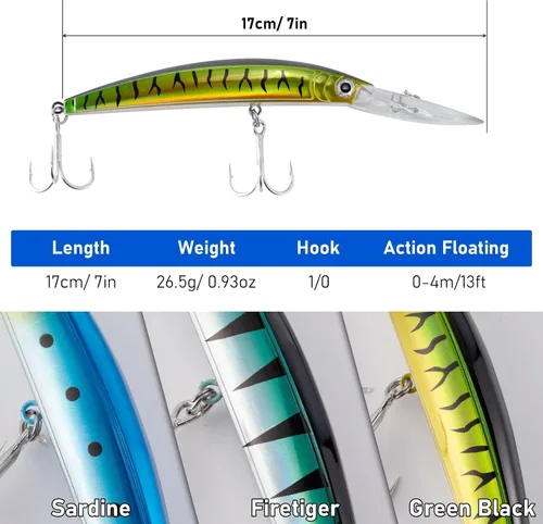 Miniatura 2 de Dr.Fish Paquete de 3 señuelos de pesca de 13 pies de profundidad para buceo de agua salada, señuelos de pesca de agua dulce, tapones de pesca