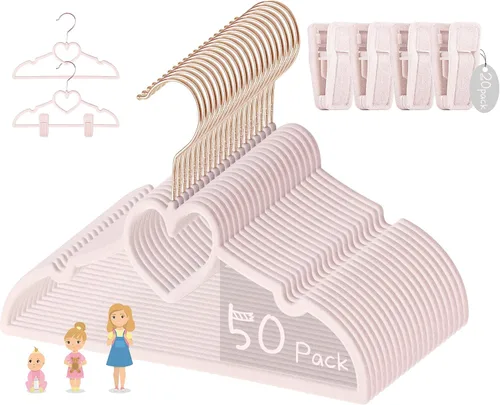 Miniatura 11 de Perchas de terciopelo beige con forma de corazón, paquete de 50 perchas para niños pequeños de 13 pulgadas con 20 clips, ultra delgadas y apilables