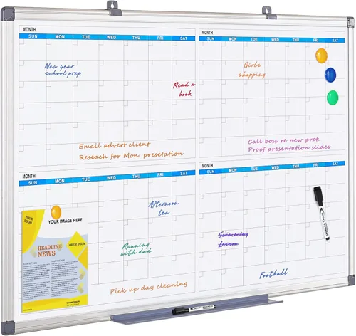 MAKELLO Calendario magnético grande de borrado en seco, pizarra blanca trimestral, 36 x 24 pulgadas, para el hogar, dormitorio, oficina, aula, 4