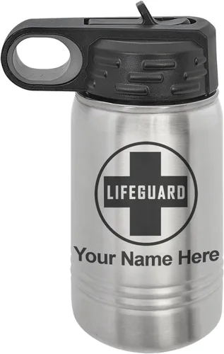 Miniatura 41 de LaserGram Botella de agua personalizada, salvavidas, acero inoxidable de doble pared aislada al vacío con popote superior, regalo grabado Negro