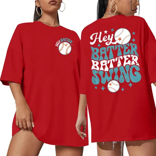 Miniatura 4 de Camiseta de béisbol para mujer, camisetas de béisbol de gran tamaño Hey Batter Batter Swing Graphic Tee Ballpark Gift Tops de manga corta