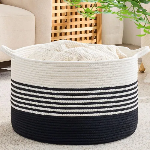 Miniatura 25 de KAKAMAY Cesta grande para manta (20 x 13 pulgadas), cestas tejidas para almacenamiento de ropa sucia de bebé, canasta de manta de cuerda de algodón