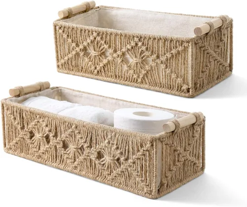 Mkono Cestas de almacenamiento de macramé, caja de decoración bohemia tejida a mano decorativa para encimera, tanque de inodoro, estante organizador