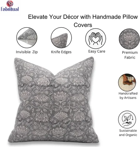 Miniatura 4 de Funda de cojín elegante de lino blanco roto con estampado de bloque a mano, 14 x 14 pulgadas, con cremallera invisible para sofá, cama, sala de Negro