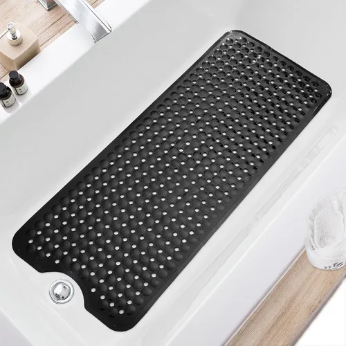 TEESHLY - Alfombra para bañera y ducha, antideslizante de 40 x 16 pulgadas, tamaño extralargo y lavable a máquina, con orificios de drenaje y Negro