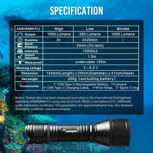Miniatura 6 de ORCATORCH D550 - Linterna submarina de 1000 lúmenes con 3 modos, interruptor de cola, impermeable IP68, luz de buceo de respaldo manos libres