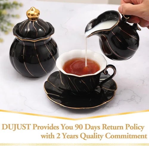 Miniatura 6 de DUJUST Black Cream & Sugar Set, diseño británico de lujo en bordes dorados, 1 azucarero con tapa (12 onzas), 1 crema (8 onzas), juego de crema