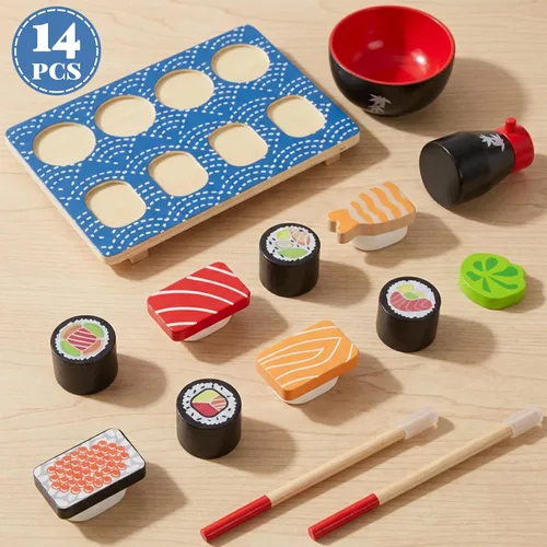 Miniatura 2 de Juego de comida para cortar sushi, juguetes de cocina de madera para niños de 3 años en adelante, juguete de aprendizaje de sushi para niñas y niños