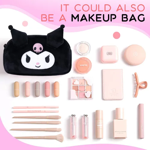 Miniatura 5 de Roffatide Pequeña bolsa de cosméticos para mujer, bolsa de maquillaje de anime, estuche portátil con cremallera, color negro