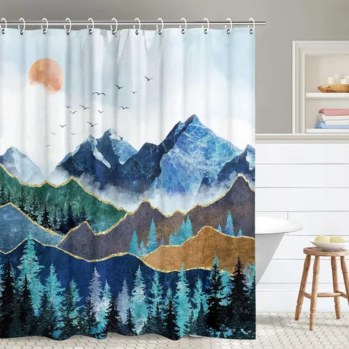 Miniatura 30 de RosieLily Cortina de ducha con diseño de lago de montaña, cielo nocturno estrellado, paisaje de luna y bosque para baño, 72 pulgadas de ancho x 72