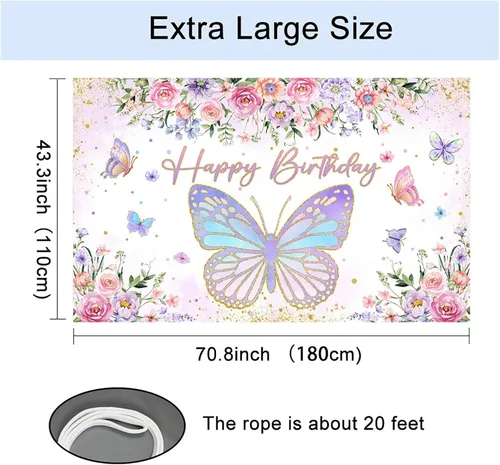 Miniatura 6 de Mocsicka Cartel de cumpleaños de mariposa para niñas y mujeres, decoración de fiesta de cumpleaños, pancarta morada con diseño de mariposa feliz
