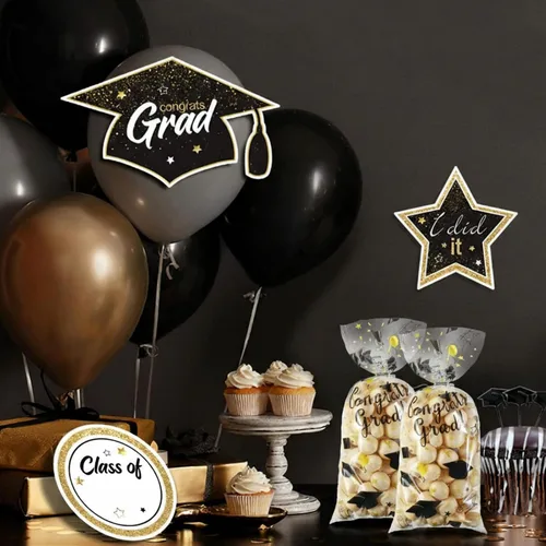 Miniatura 5 de Blulu 100 bolsas de celofán de graduación, felicitaciones para graduados, bolsas de regalo de plástico con 100 lazos giratorios plateados para Negro