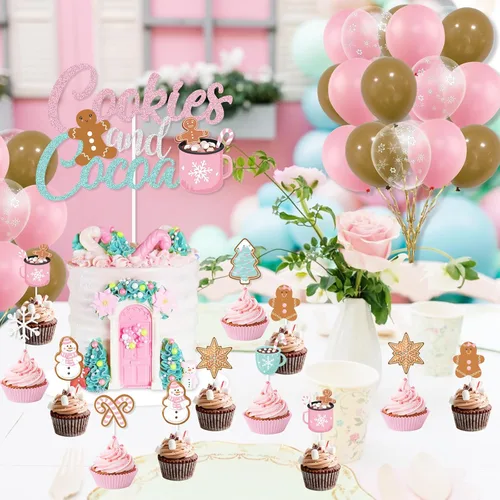 Miniatura 7 de Decoraciones de fiesta de galletas y cacao, banner de galletas rosas y cacao, banner navideño de hombre de jengibre, globos para adorno de pastel