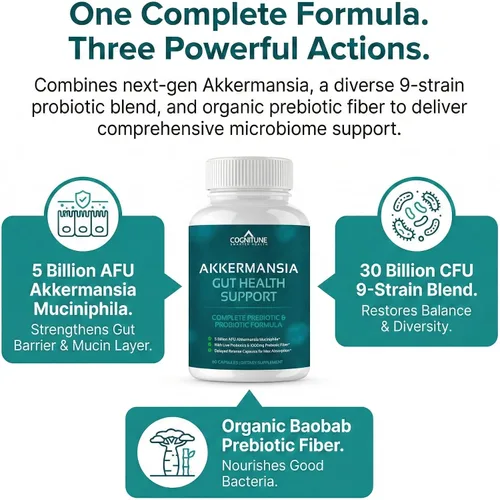 Miniatura 4 de CogniTune Probiótico con 5 mil millones de AFU Akkermansia Muciniphila - Apoya la salud intestinal con 30 mil millones de UFC y fibra prebiótica