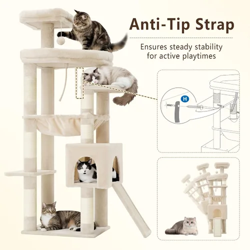 Miniatura 7 de Heybly Árbol para gatos resistente, torre de 64.2 pulgadas de alto para gatos grandes de interior con estructura ampliada, muebles para gatos