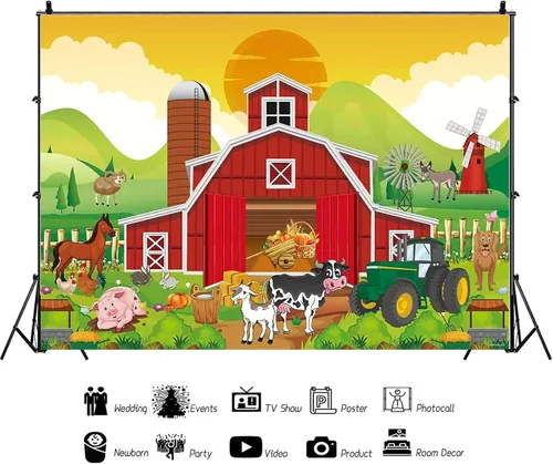 Miniatura 3 de Telón de fondo rojo de granero para niños, decoración de fiesta de cumpleaños, dibujos animados de animales de granja, granero, fondo de fotografía