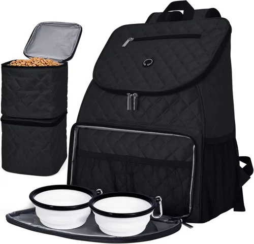 BAGLHER Bolsa de viaje para perros, mochila de suministros para mascotas aprobada por aerolíneas, mochila de viaje para perros con 2 cuencos Negro-b