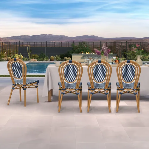 Miniatura 11 de PURPLE LEAF Juego de 1 silla de comedor al aire libre, marco de aluminio francés en acabado de bambú con ratán tejido ámbar y blanco para cocina