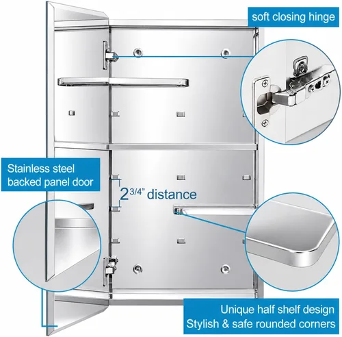 Miniatura 5 de Fundin Armario de pared de baño con estantes de corte medio, gabinete de almacenamiento de acero inoxidable de 14.8 x 25.6, botiquín de baño/sala