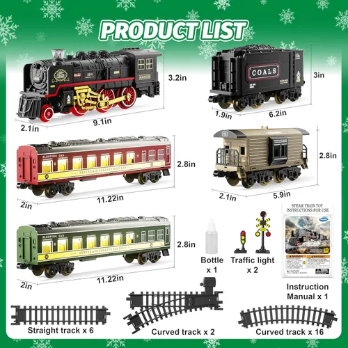 Miniatura 5 de Funwee Juego de tren con vagones de pasajeros brillantes para debajo del árbol de Navidad, juguete de tren eléctrico con humo, luz y sonido, idea