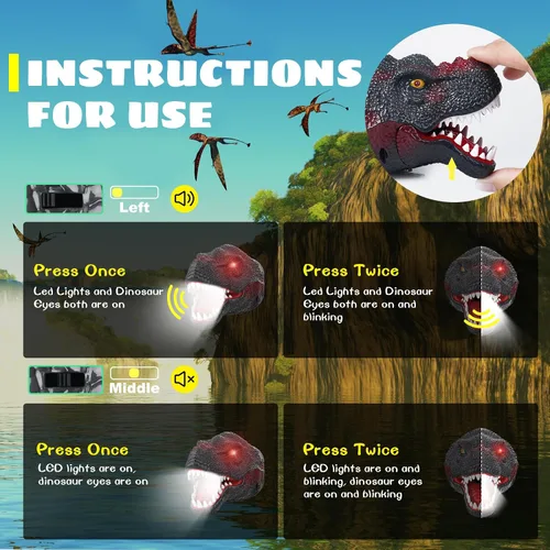 Miniatura 6 de Dysaim Linterna Frontal para Niños, Linterna Frontal de Dinosaurio T-Rex Recargable para Niños y Lámpara LED de Cabeza, Linterna de Equipo