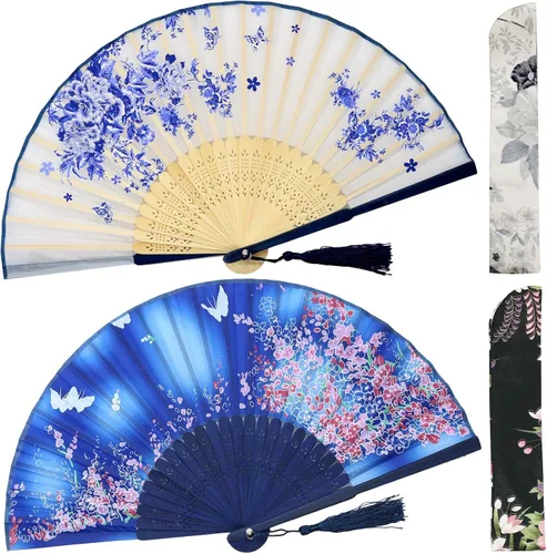 Miniatura 9 de OMyTea Abanicos de mano plegables para mujer, abanicos chinos japoneses de seda de bambú vintage, para sofocos, EDM, festival de música, fiesta