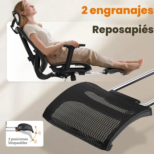 Miniatura 5 de GABRYLLY Silla de oficina ergonómica con reposapiés, silla de escritorio reclinable de 135° con soporte lumbar ajustable, reposabrazos 3D, Negro