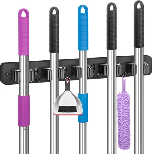 Miniatura 9 de IMILLET - Soporte de pared para fregona y escoba, colgador de bambú con 4 estantes y 5 ganchos, decoración para la lavandería, organizador