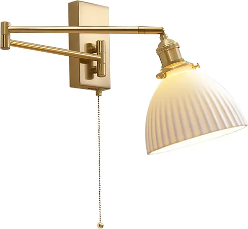 Aplique de pared de baño de 1 luz moderno de granja dorado con brazo oscilante de pared de vidrio de leche con cadena de tracción individual latón