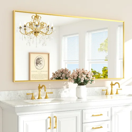 Miniatura 45 de TETOTE Espejo de Baño Dorado de 16" x 20" Latón Dorado Cepillado Rectangular con Marco Biselado Espejo de Tocador de Baño para Sobre el Lavabo
