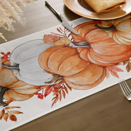 Miniatura 4 de Romanstile Camino de mesa de otoño, 13 x 72 pulgadas, hojas de calabaza naranja, Acción de Gracias, otoño, cocina, comedor, decoración de mesa