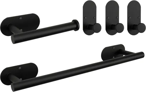 TocTen Juego de 5 toallas para montar en la pared o autoadhesivas, juego de accesorios de baño de acero inoxidable que incluye toallero de 16 Negro