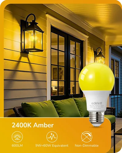 Miniatura 2 de EDISHINE Bombillas amarillas A19, 9 W (equivalente a 60 W), 600 lm 2400 K ámbar Glow bombillas para exteriores, no regulables, base media E26