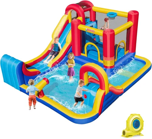 Miniatura 10 de OLAKIDS Tobogán acuático inflable, casa de rebote 7 en 1 con 2 toboganes de escalada de pared, piscina con 2 columnas de anillo, pistola de agua